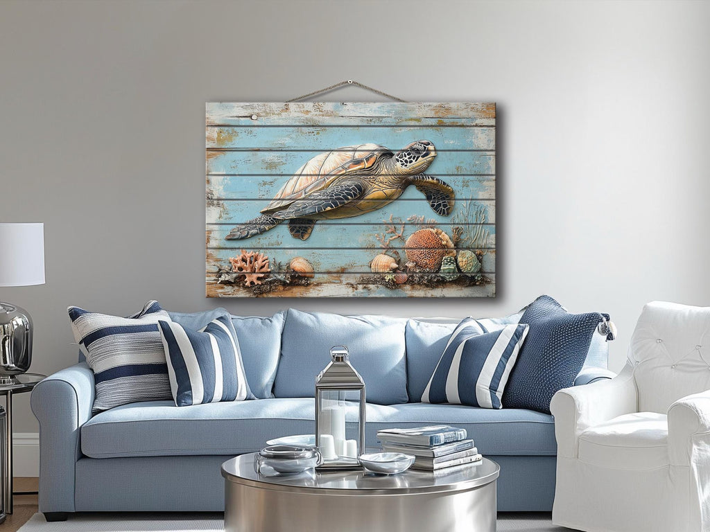 Sea Turtle Coastal Wall Art On Real Wood for Beach House Decor