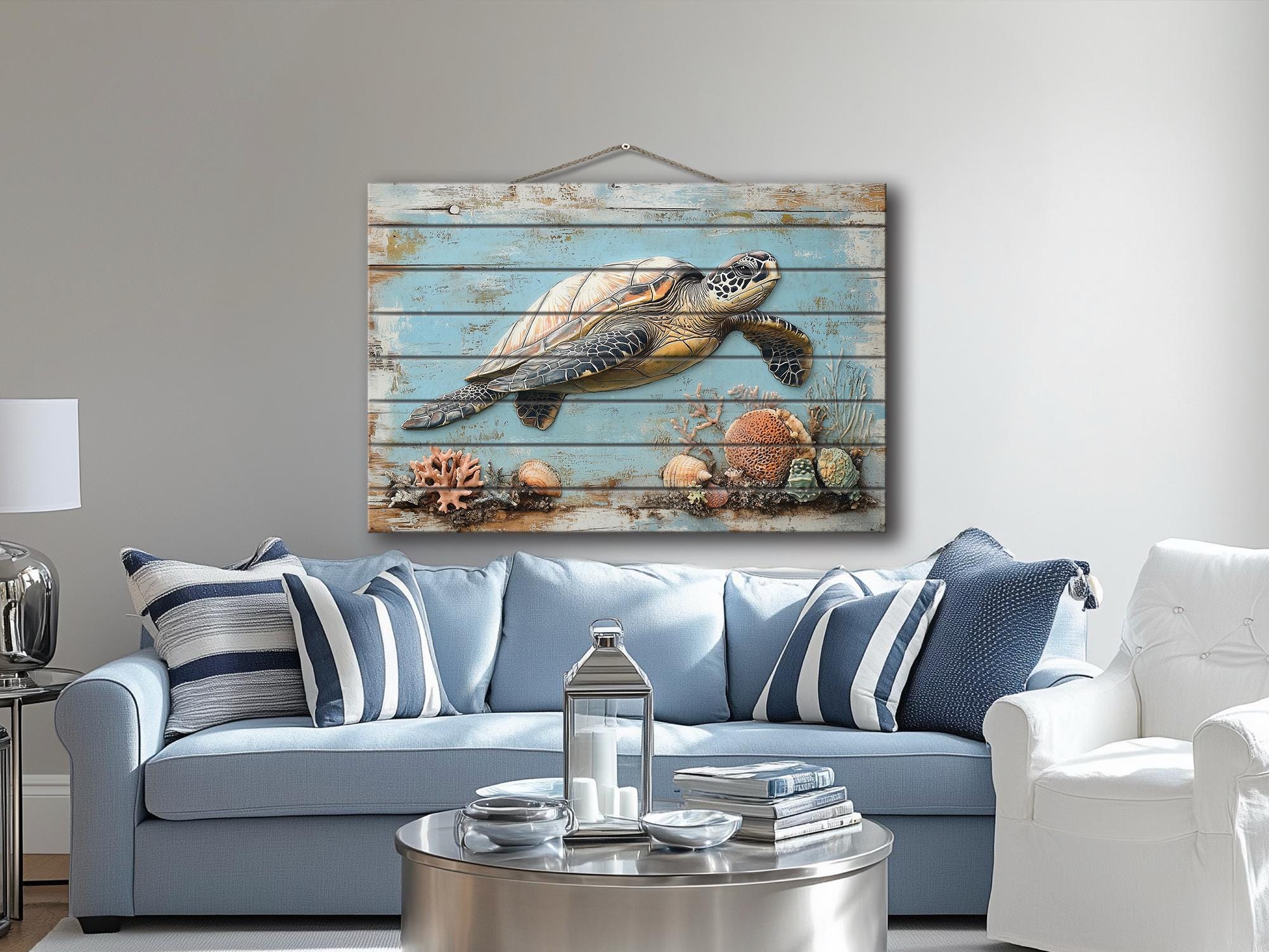 Sea Turtle Coastal Wall Art On Real Wood for Beach House Decor