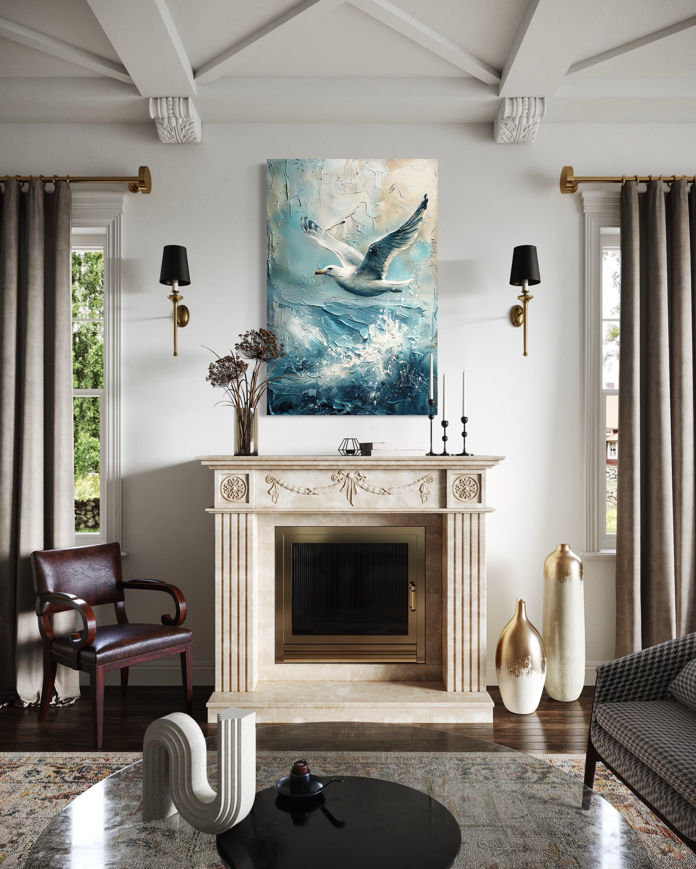 Seagull Over Ocean Wave Coastal Framed Canvas Wall Art