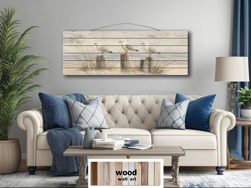 Seagulls on Beach Posts Large Horizontal Wood Wall Art For Beach House Decor