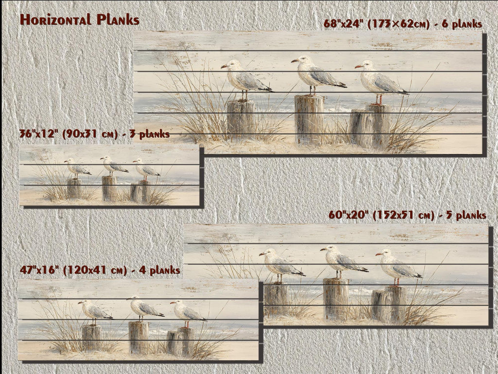 Seagulls on Beach Posts Large Horizontal Wood Wall Art For Beach House Decor
