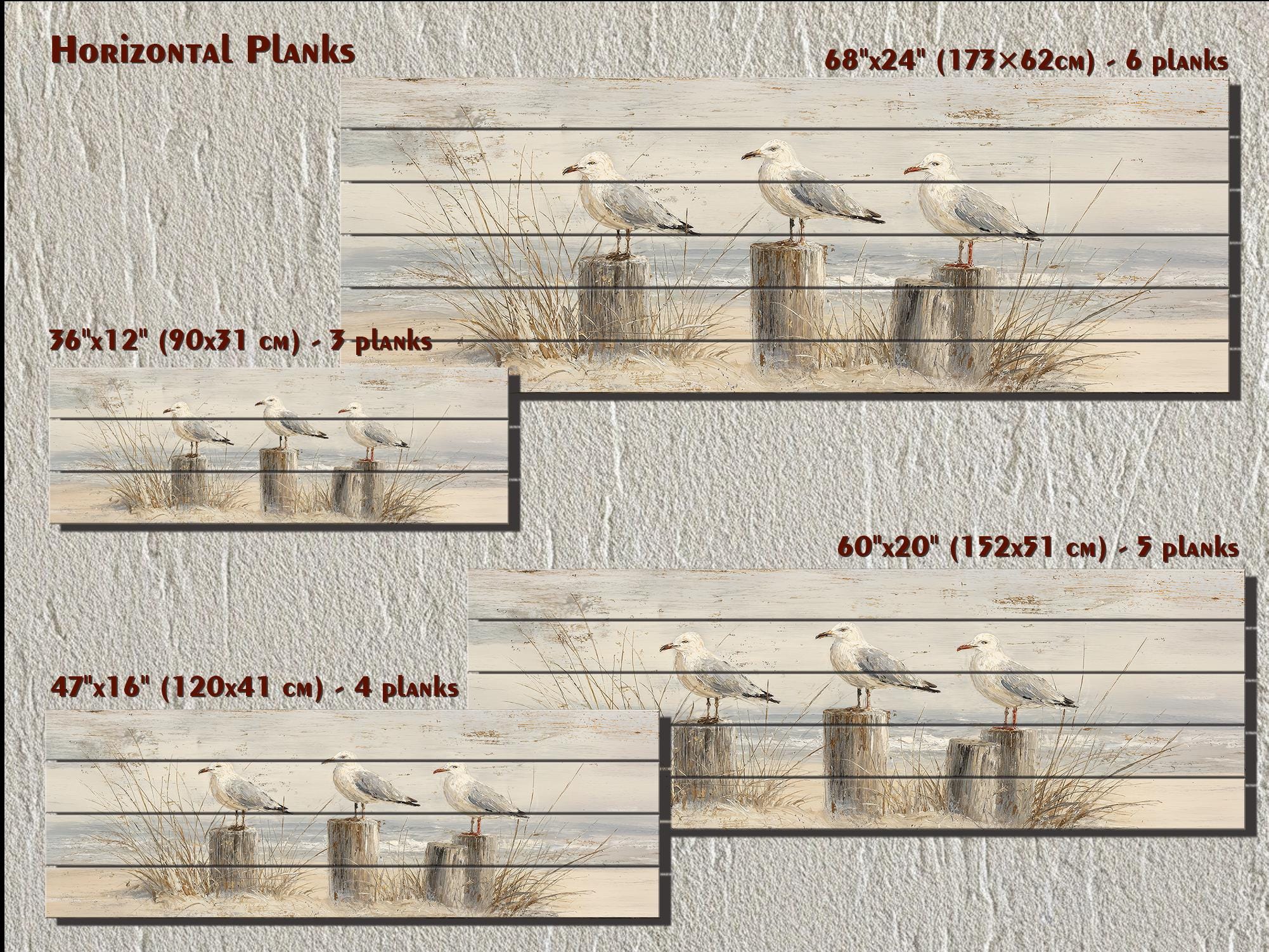 Seagulls on Beach Posts Large Horizontal Wood Wall Art For Beach House Decor