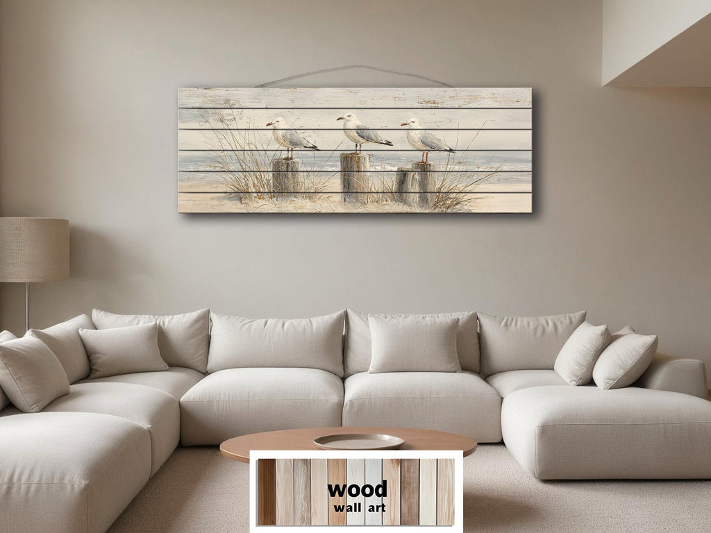 Seagulls on Beach Posts Large Horizontal Wood Wall Art For Beach House Decor