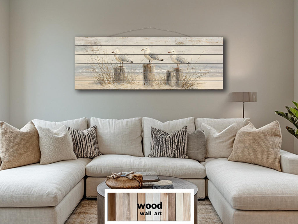 Seagulls on Beach Posts Large Horizontal Wood Wall Art For Beach House Decor