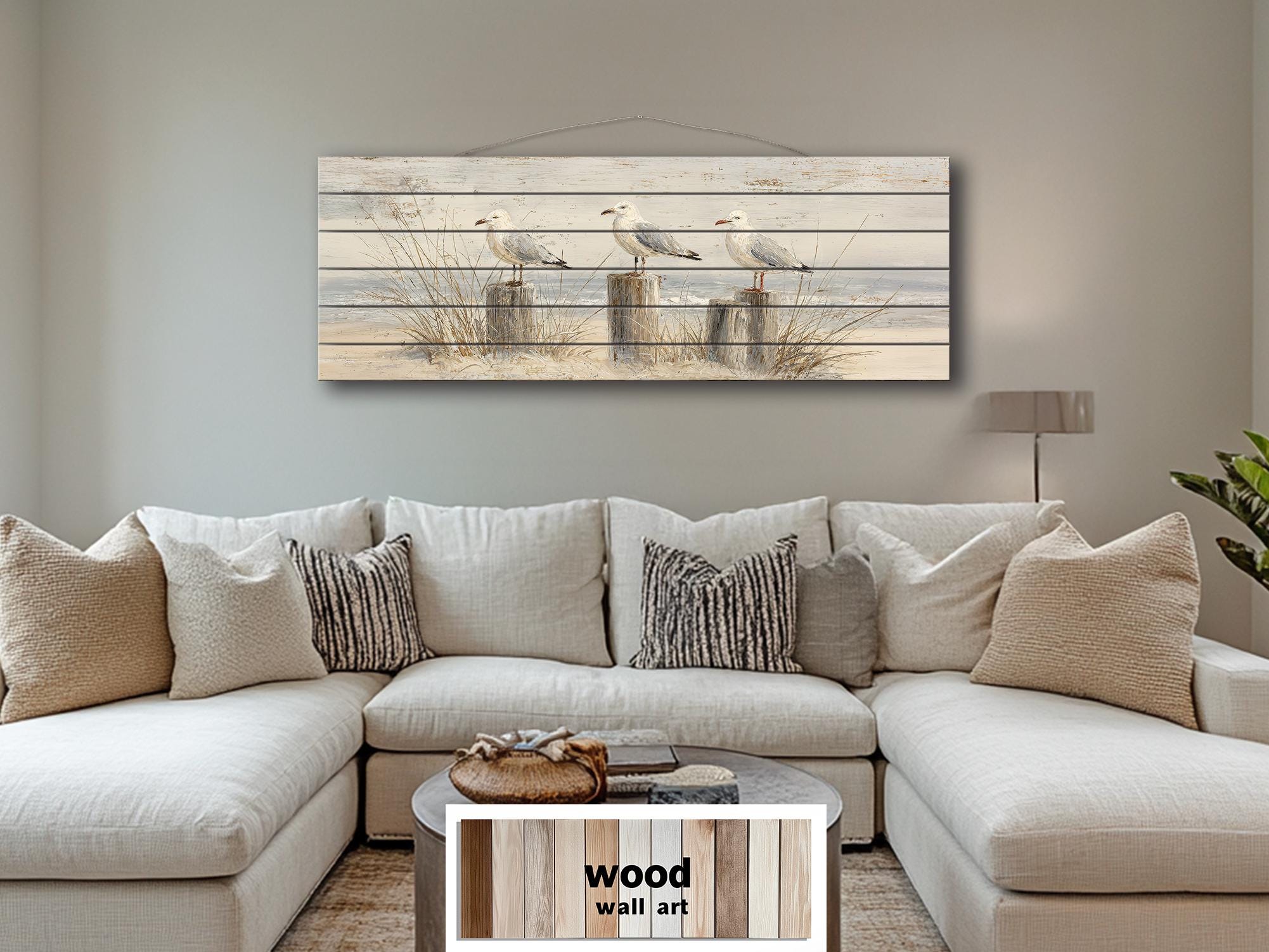 Seagulls on Beach Posts Large Horizontal Wood Wall Art For Beach House Decor
