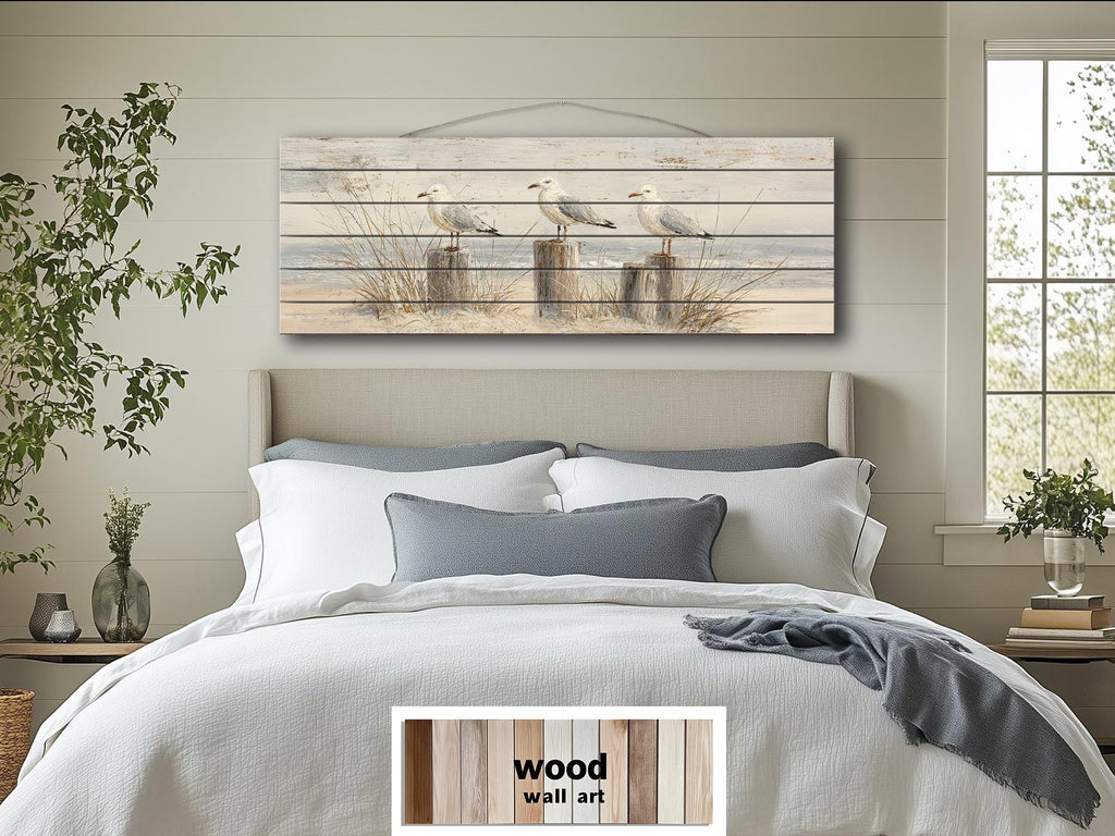 Seagulls on Beach Posts Large Horizontal Wood Wall Art For Beach House Decor