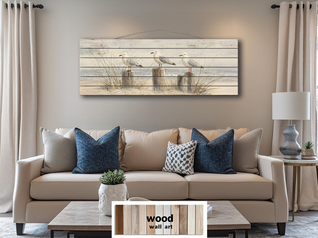 Seagulls on Beach Posts Large Horizontal Wood Wall Art For Beach House Decor