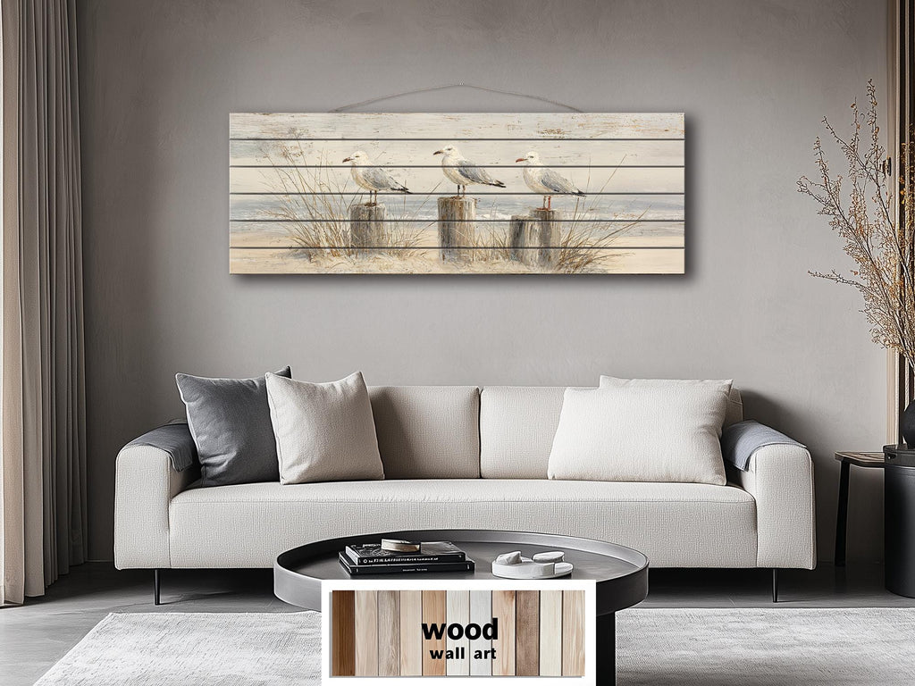 Seagulls on Beach Posts Large Horizontal Wood Wall Art For Beach House Decor