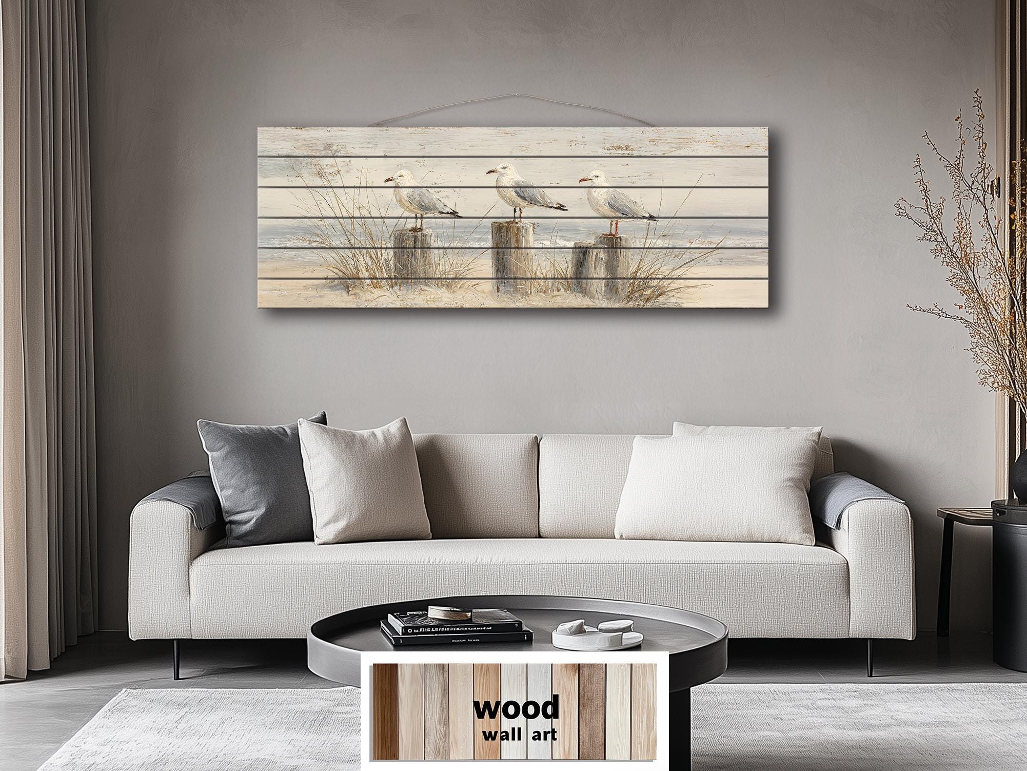 Seagulls on Beach Posts Large Horizontal Wood Wall Art For Beach House Decor