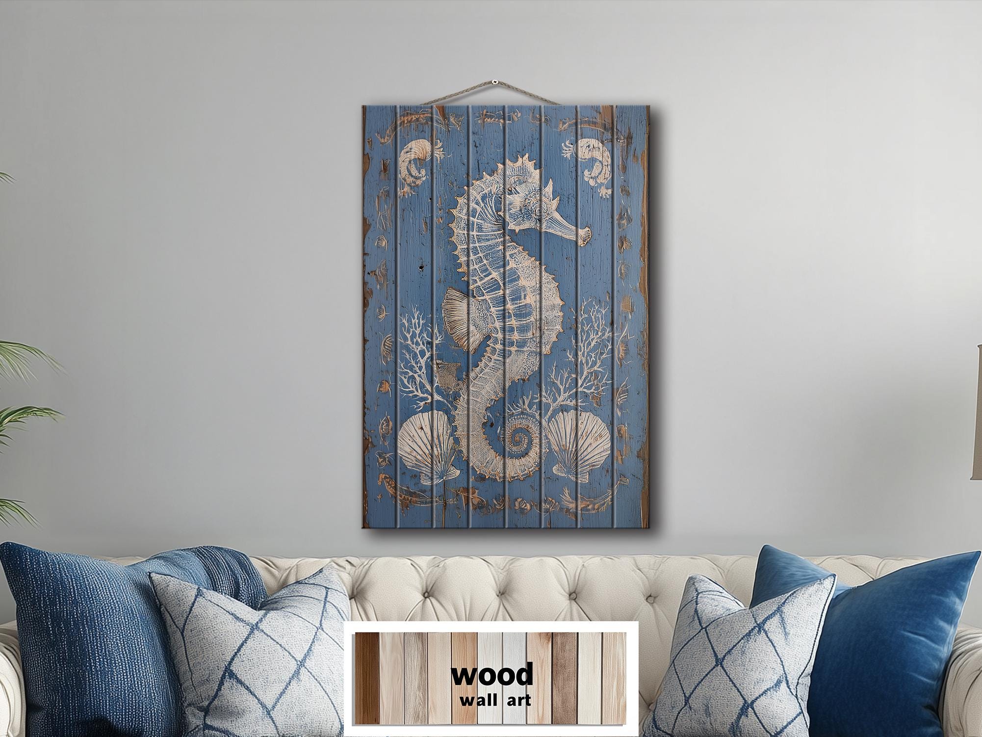 Seahorse and Seashells Vertical Distressed Coastal Wood Wall Art