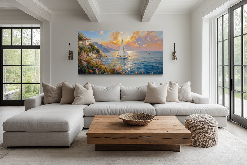 Seascape Wall Art - Modern Coastal Framed Canvas Print With Sailboats Painting