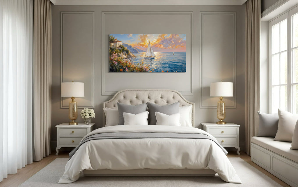 Seascape Wall Art - Modern Coastal Framed Canvas Print With Sailboats Painting