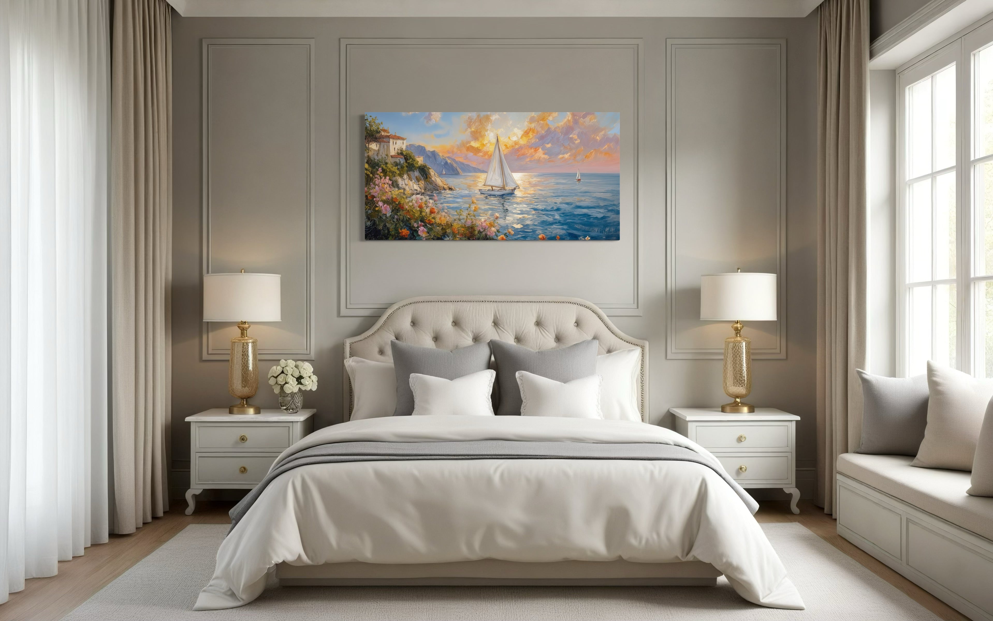 Seascape Wall Art - Modern Coastal Framed Canvas Print With Sailboats Painting
