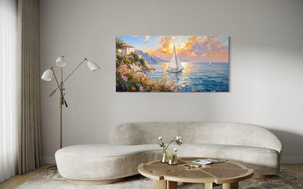 Seascape Wall Art - Modern Coastal Framed Canvas Print With Sailboats Painting