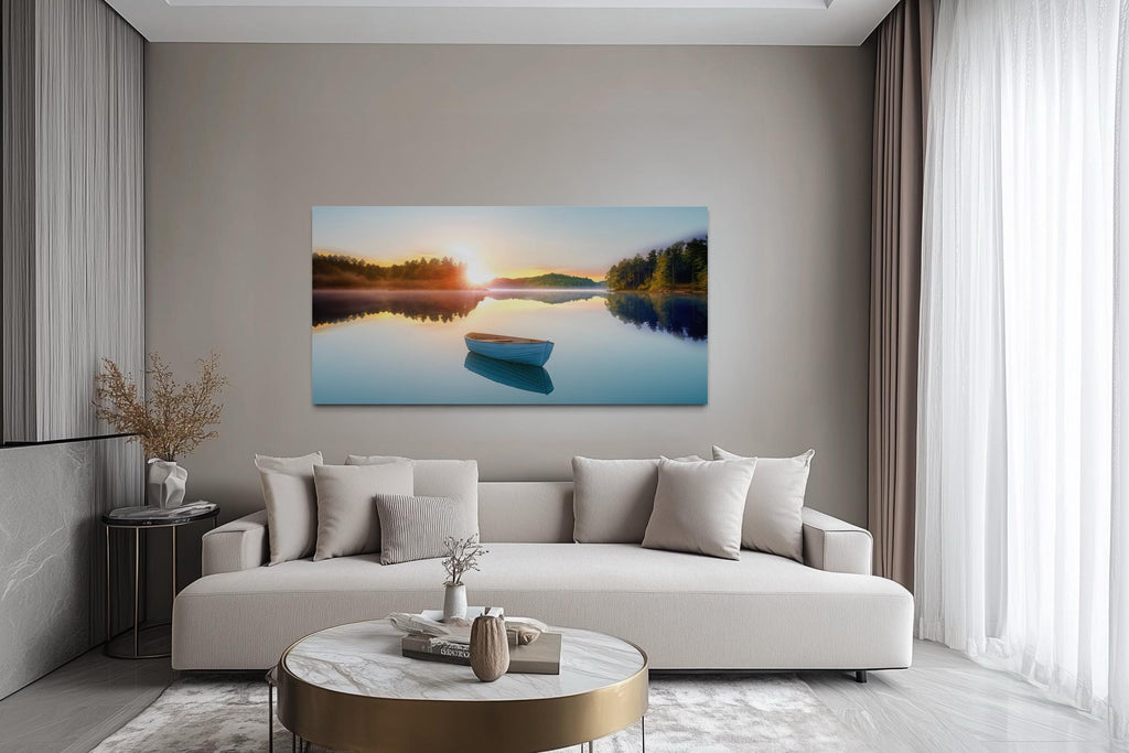Serene Lake Sunrise With Boat Canvas Wall Art