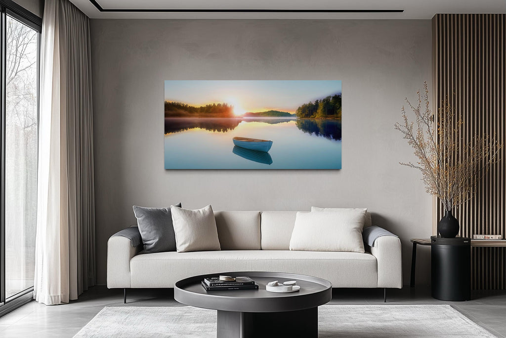 Serene Lake Sunrise With Boat Canvas Wall Art