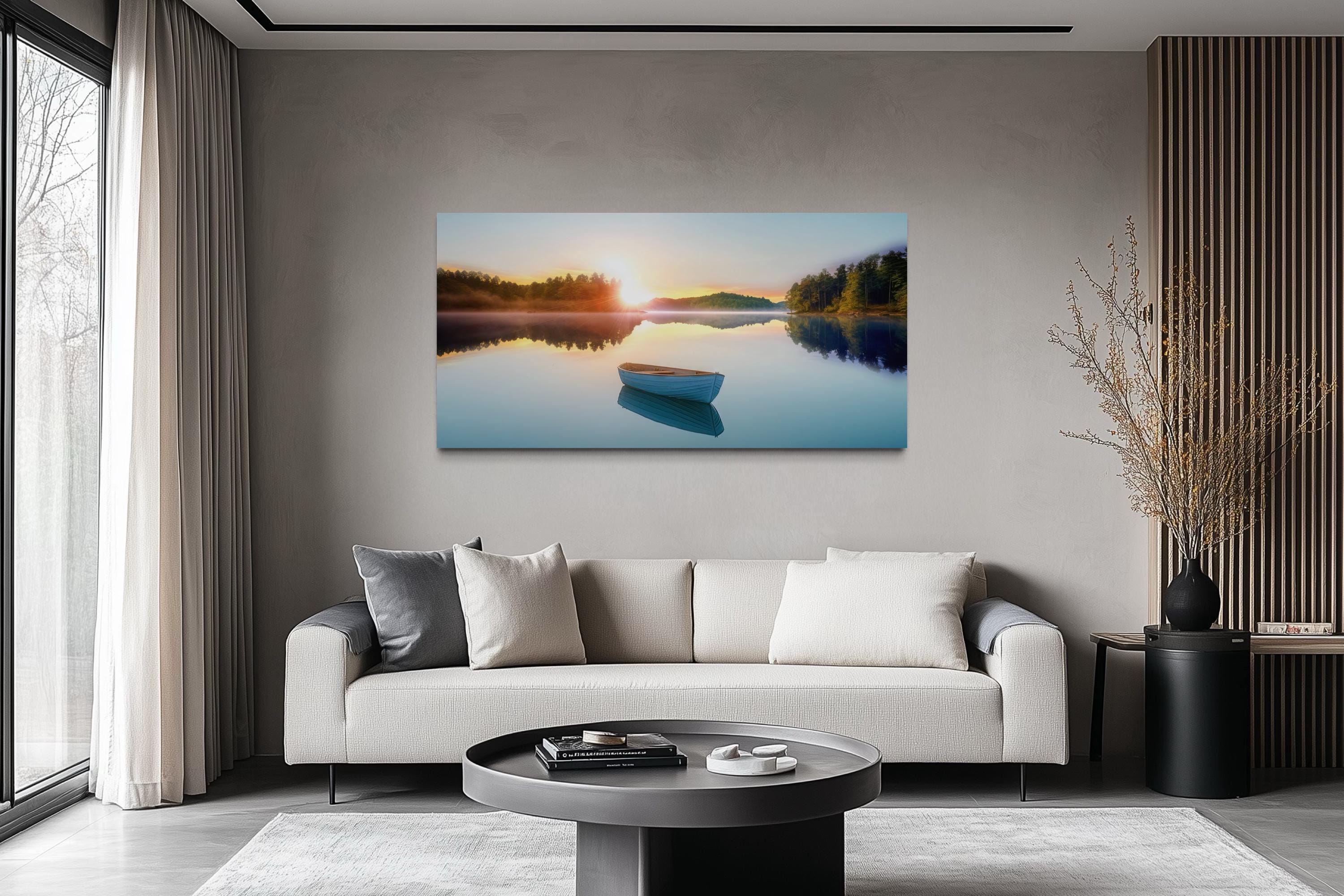 Serene Lake Sunrise With Boat Canvas Wall Art