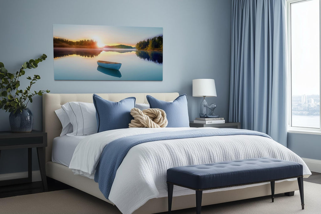 Serene Lake Sunrise With Boat Canvas Wall Art