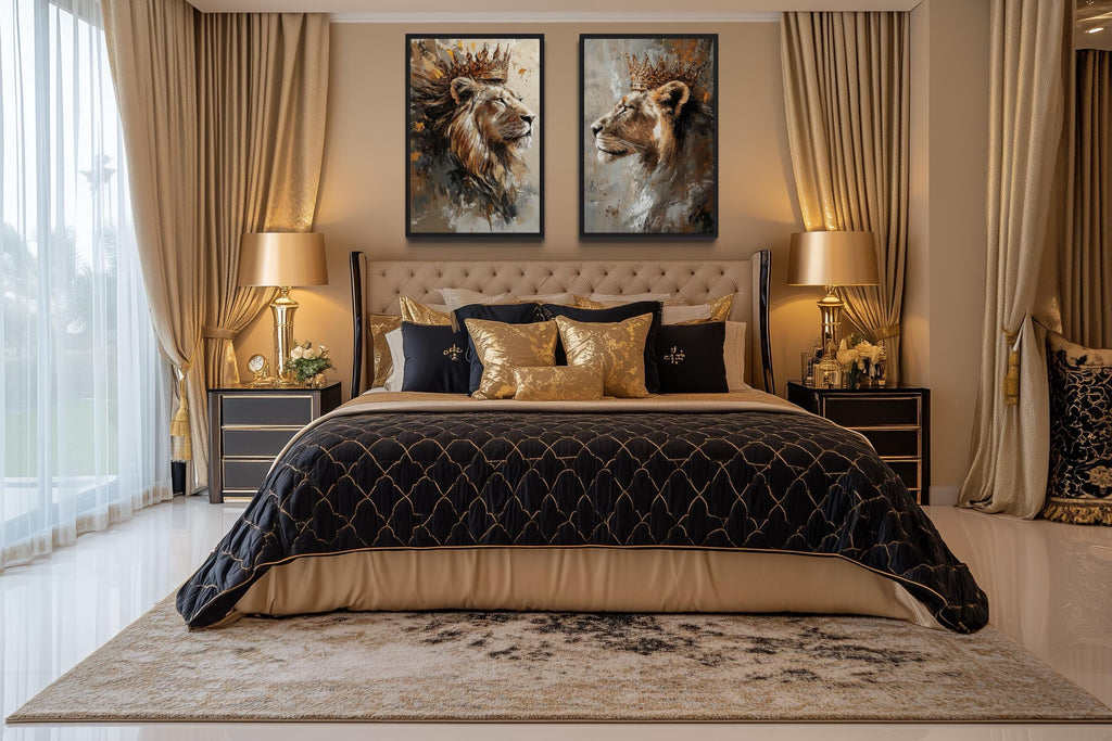 Set Of 2 Lion King And Lioness Queen Framed Canvas Wall Art