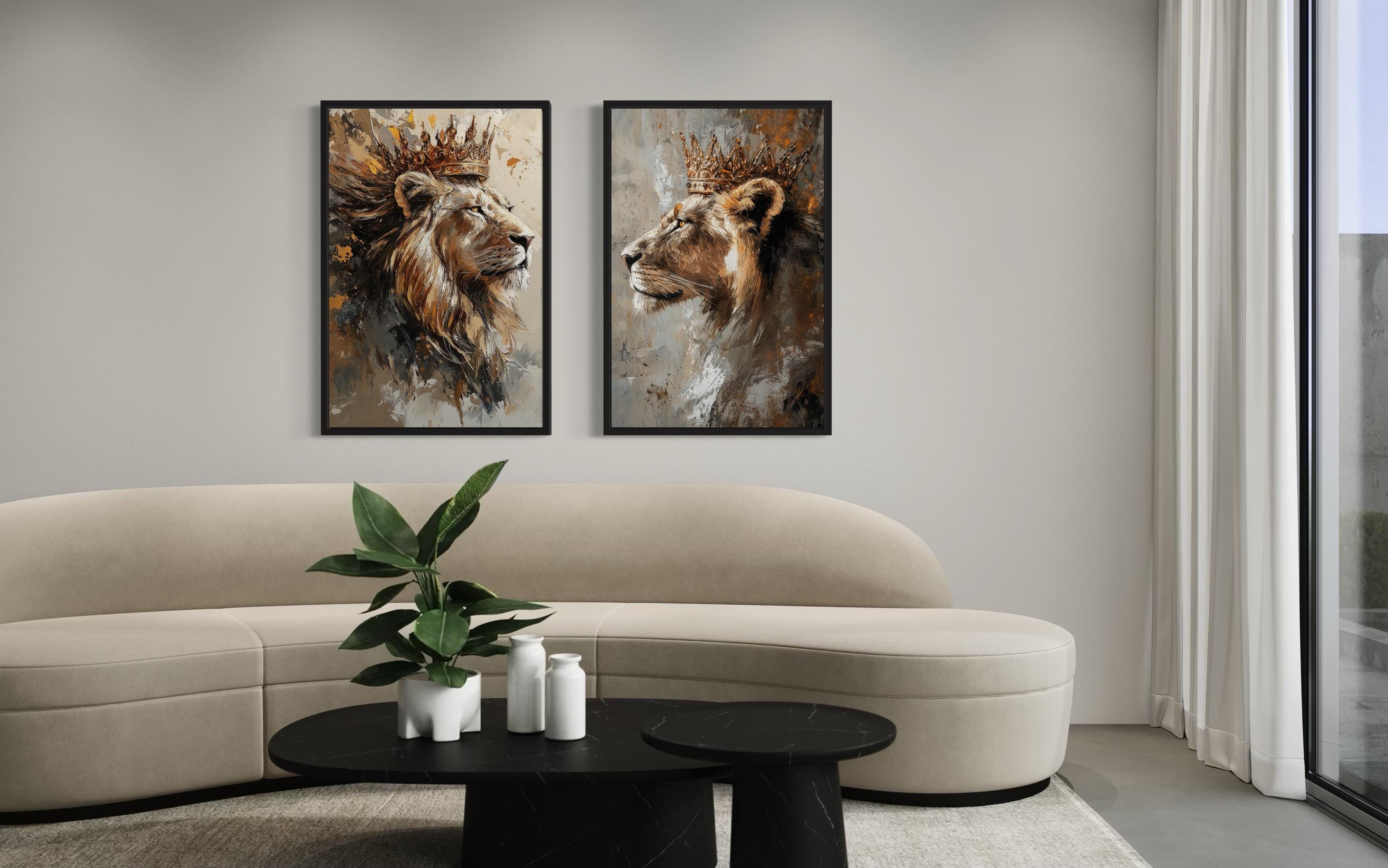 Set Of 2 Lion King And Lioness Queen Framed Canvas Wall Art