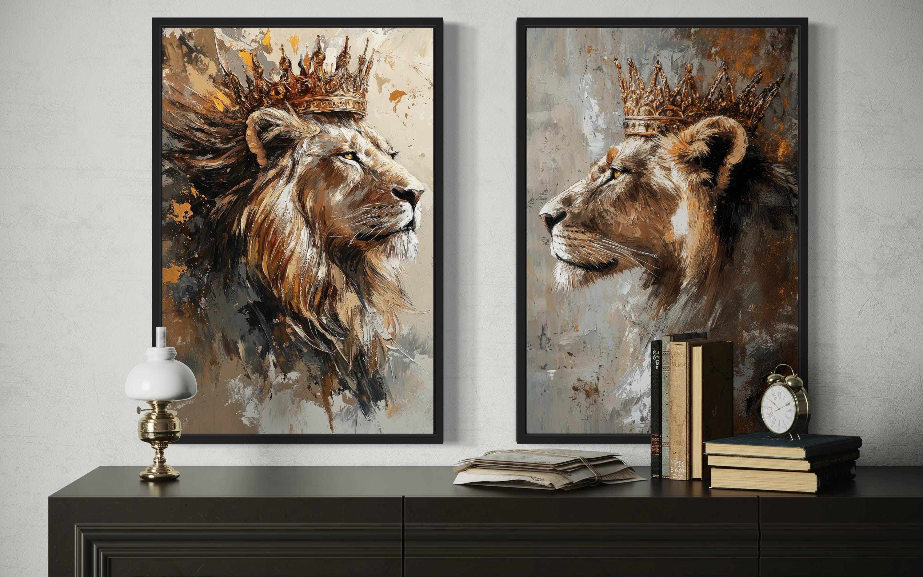Set Of 2 Lion King And Lioness Queen Framed Canvas Wall Art