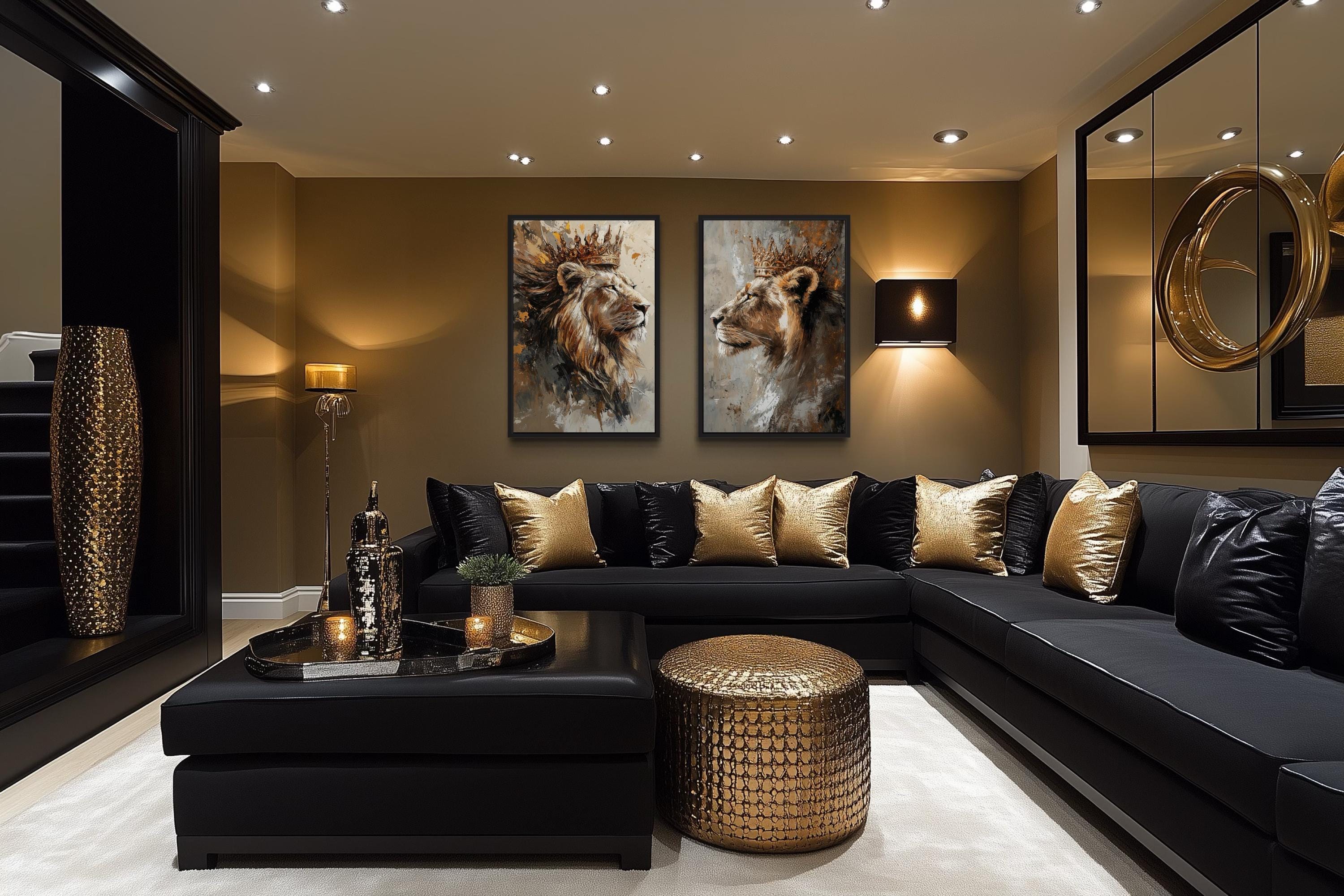 Set Of 2 Lion King And Lioness Queen Framed Canvas Wall Art