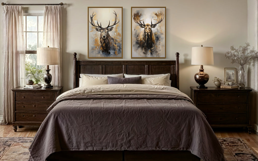 Set Of 2 Moose And Elk Portraits Framed Canvas Wall Art For Cabin Decor
