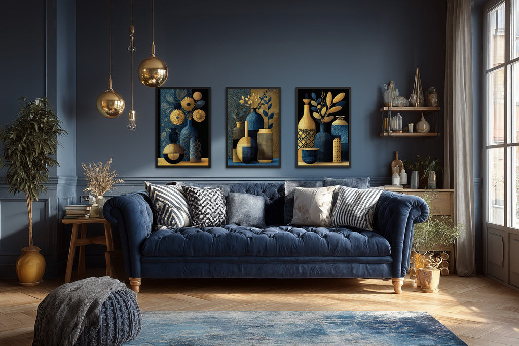 Set Of 3 Gold Navy Blue Vase Botanical Canvas Prints