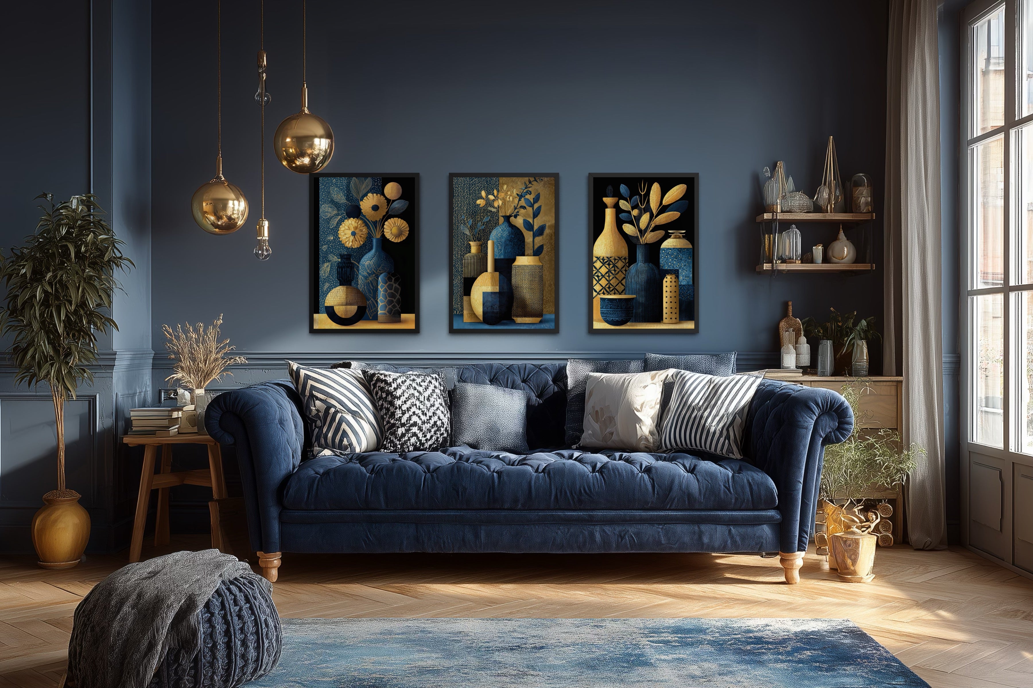 Set Of 3 Gold Navy Blue Vase Botanical Canvas Prints