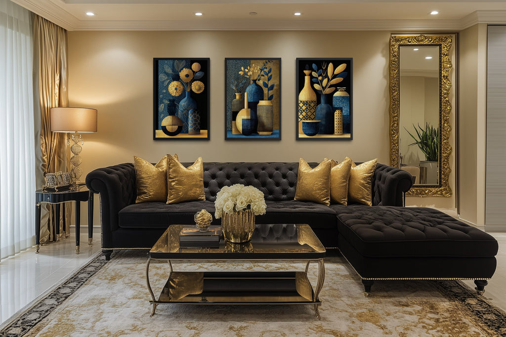 Set Of 3 Gold Navy Blue Vase Botanical Canvas Prints