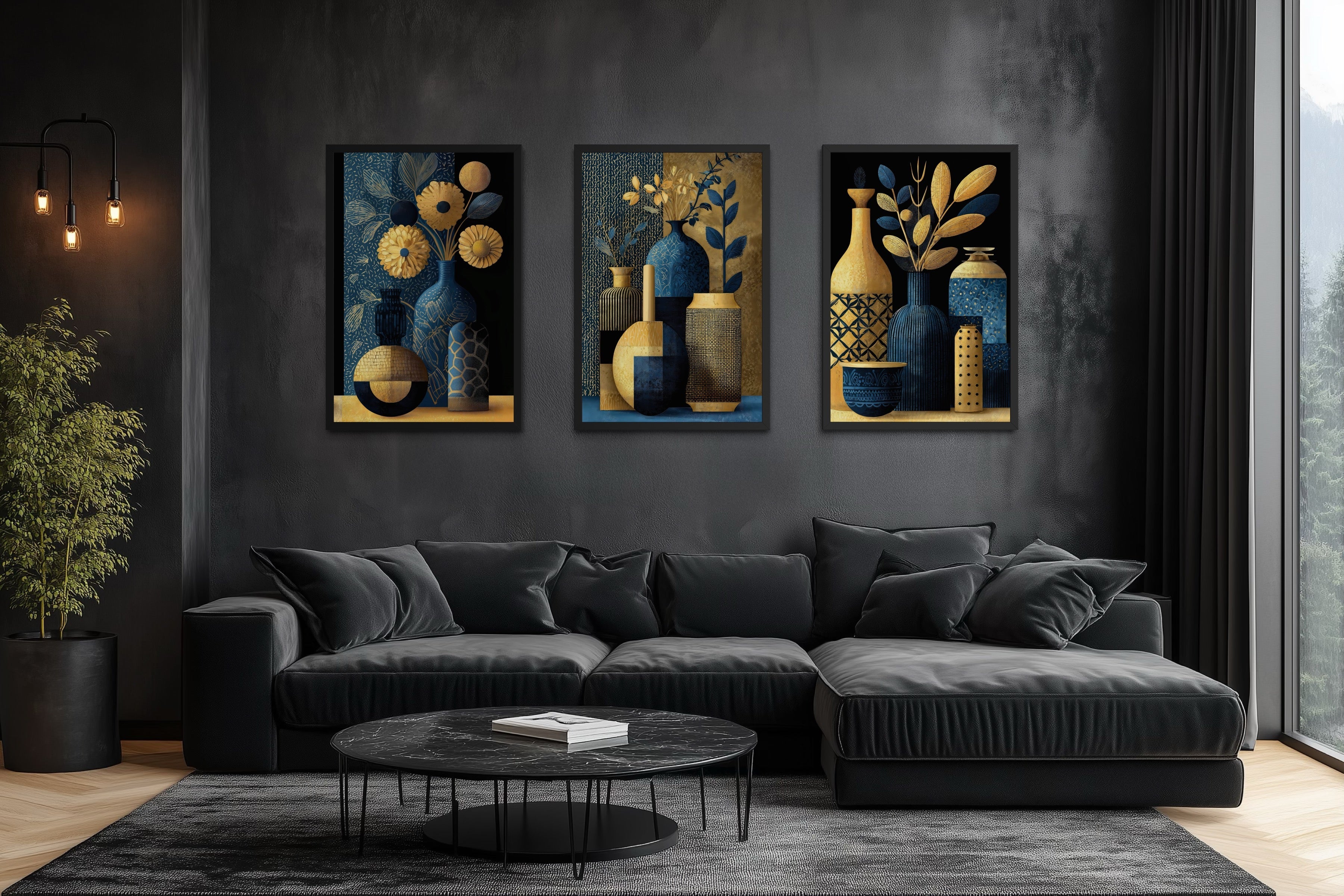 Set Of 3 Gold Navy Blue Vase Botanical Canvas Prints