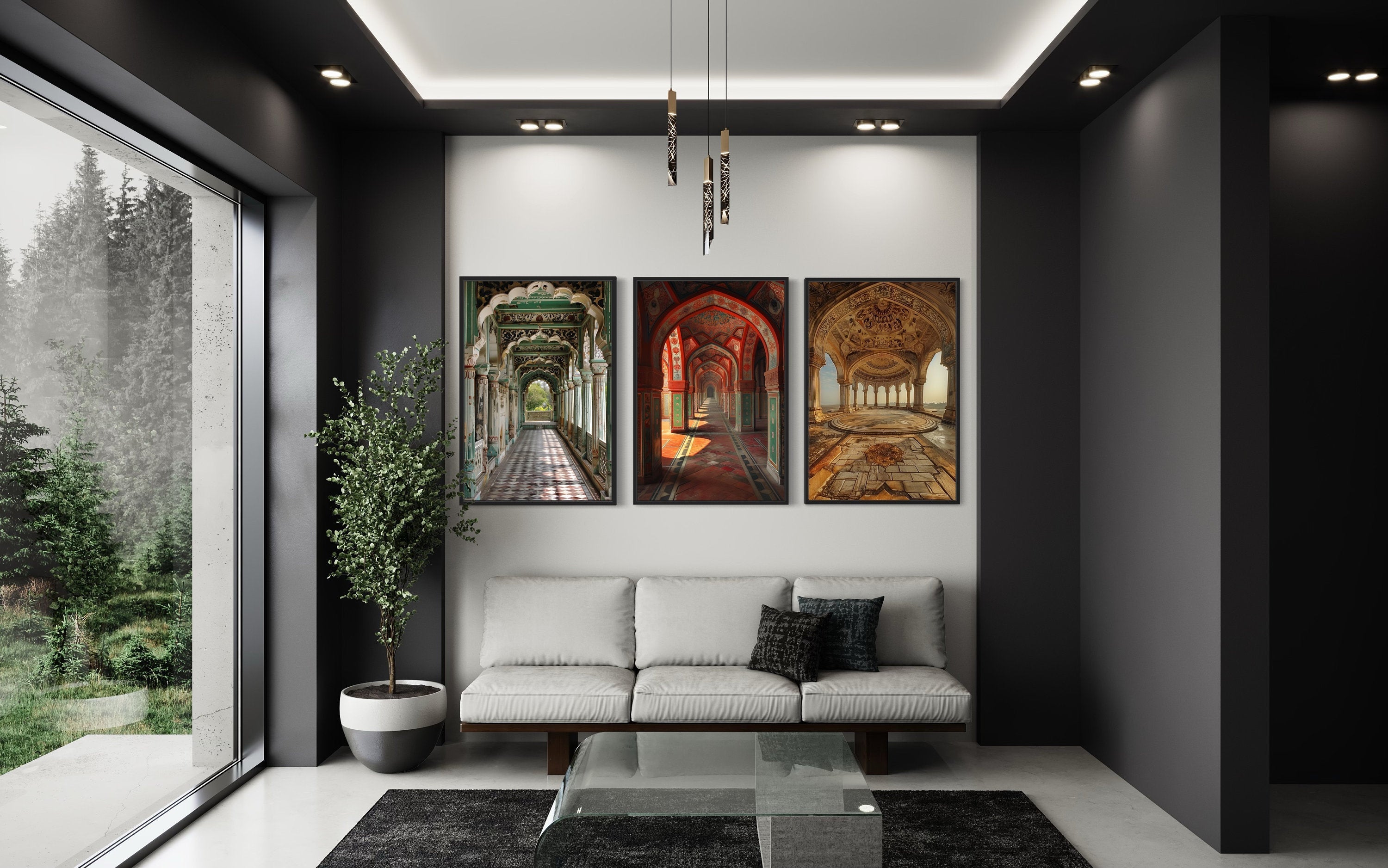Set Of Three Colorful Indian Mughal Architecture Framed Canvas Wall Art