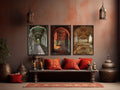 Set Of Three Colorful Indian Mughal Architecture Framed Canvas Wall Art