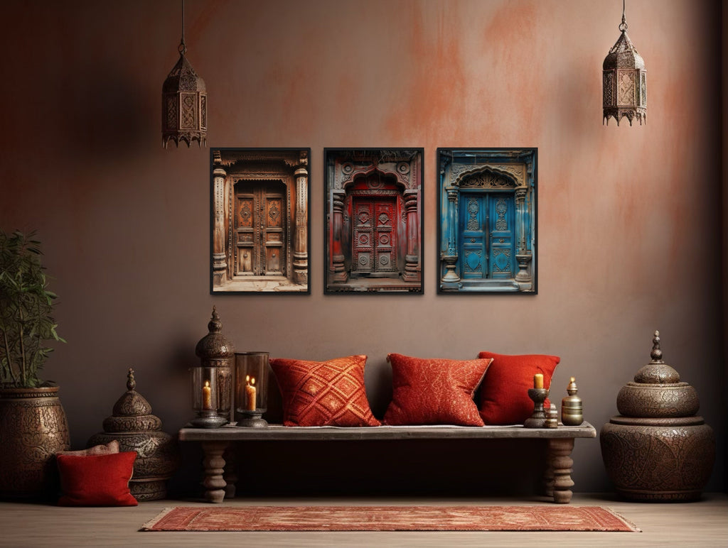 Set Of Three Indian Doors Framed Canvas Wall Art For Living Room