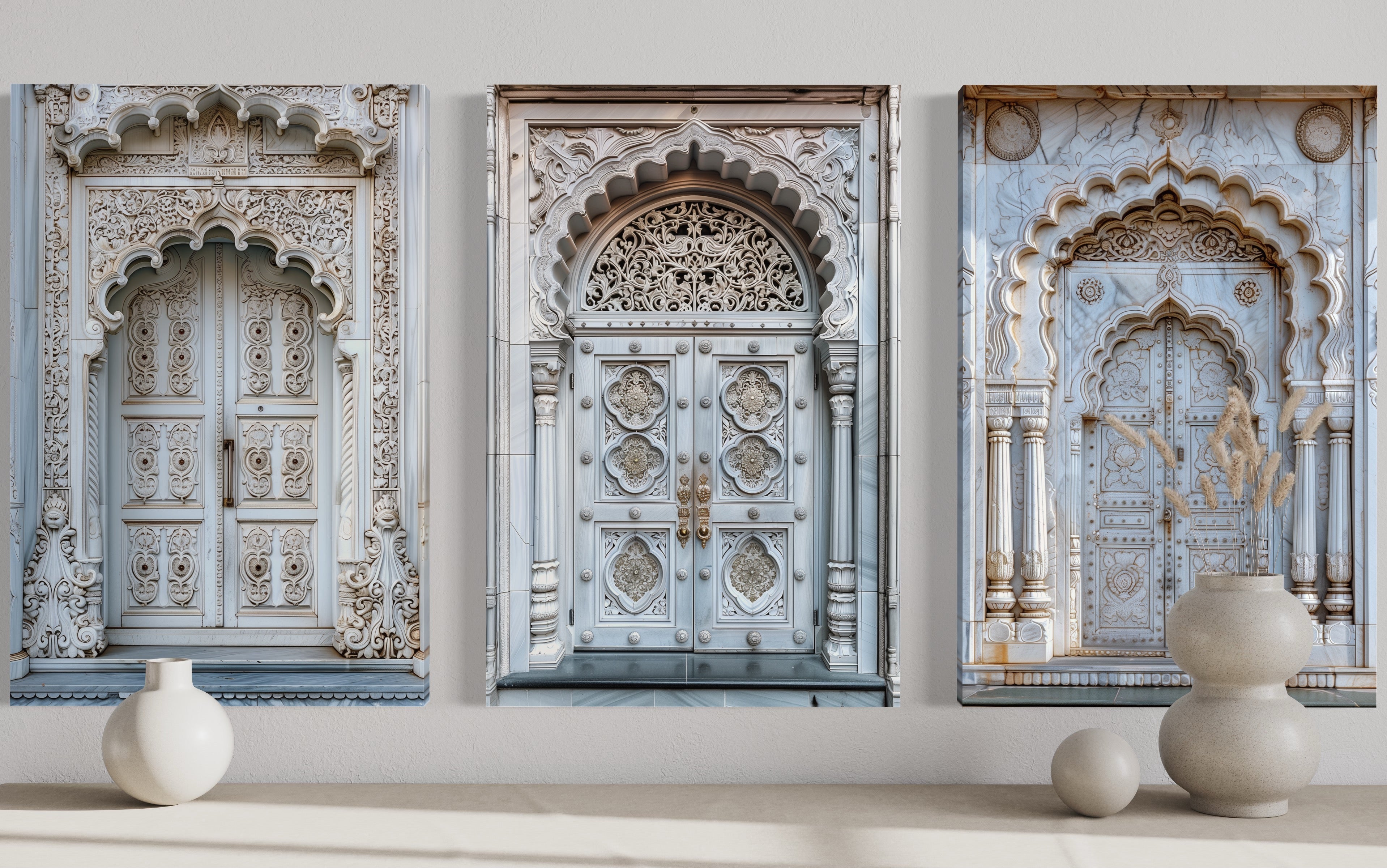 Set Of Three Neutral Grey Indian Doors Framed Canvas Wall Art