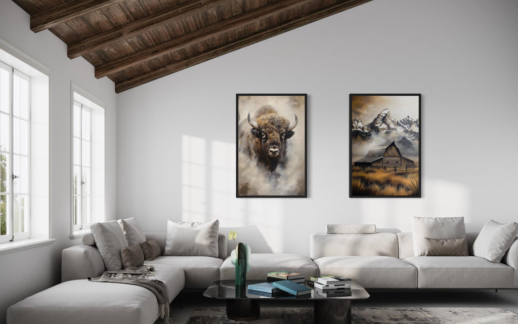Set of 2 American Bison And Moulton Barn in Grand Teton Mountains Wall Art