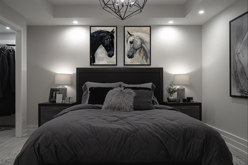 Set of 2 Black And White Horses Romantic Framed Canvas Wall Art
