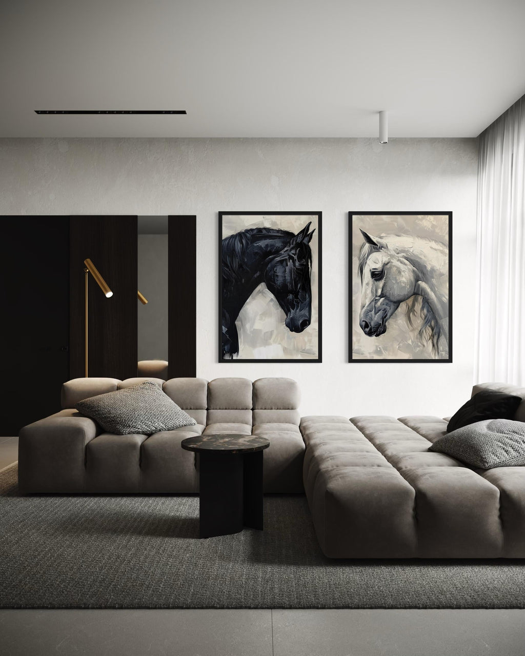 Set of 2 Black And White Horses Romantic Framed Canvas Wall Art