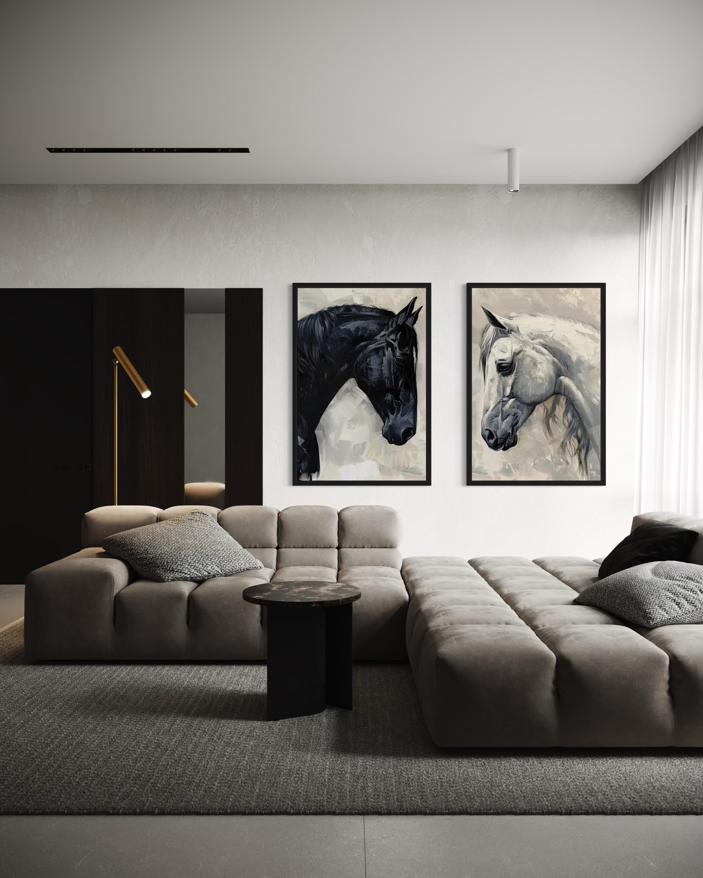 Set of 2 Black And White Horses Romantic Framed Canvas Wall Art
