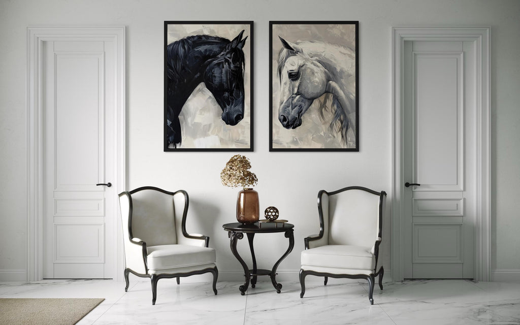 Set of 2 Black And White Horses Romantic Framed Canvas Wall Art
