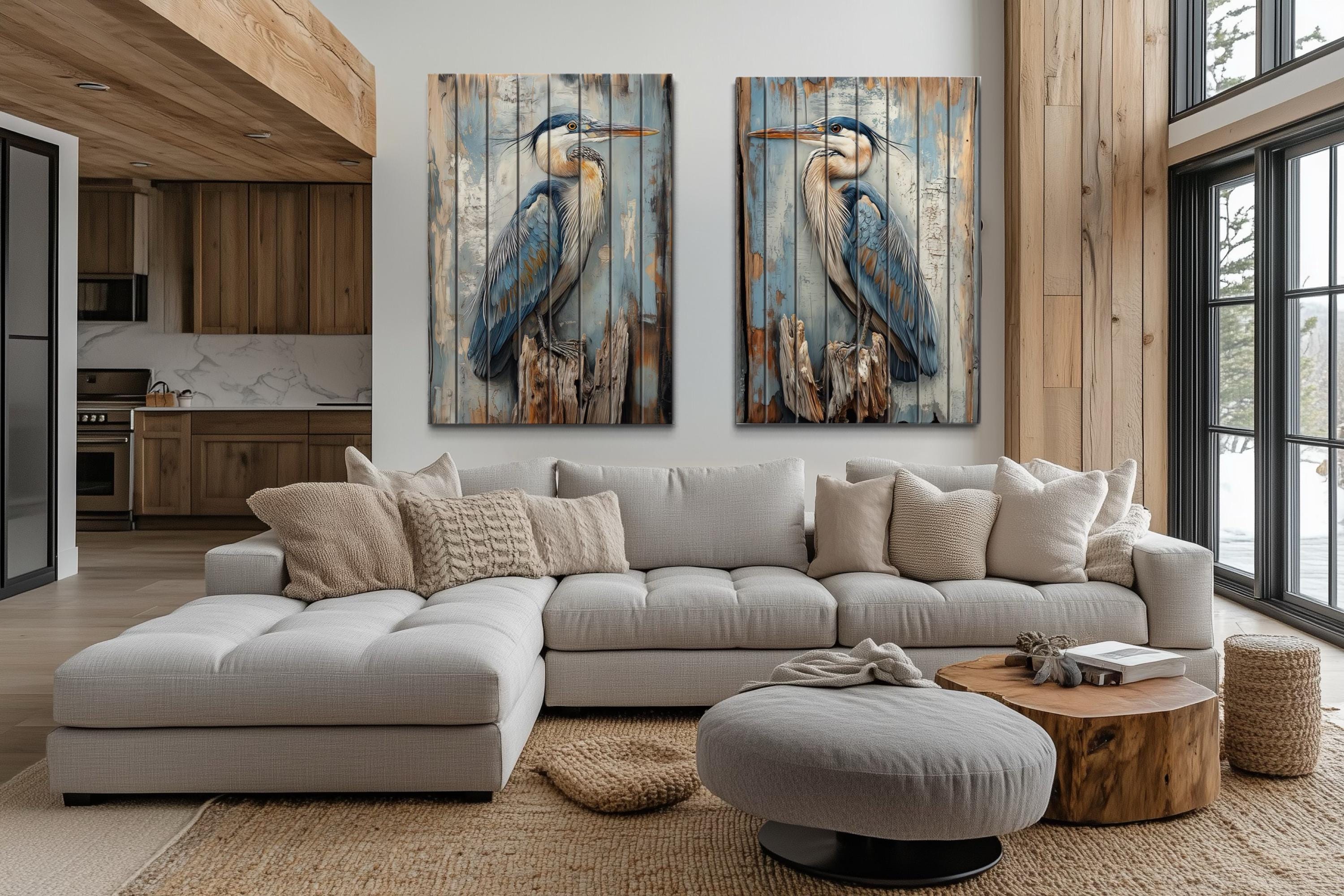 Set of 2 Blue Herons Distressed Wood Wall Art