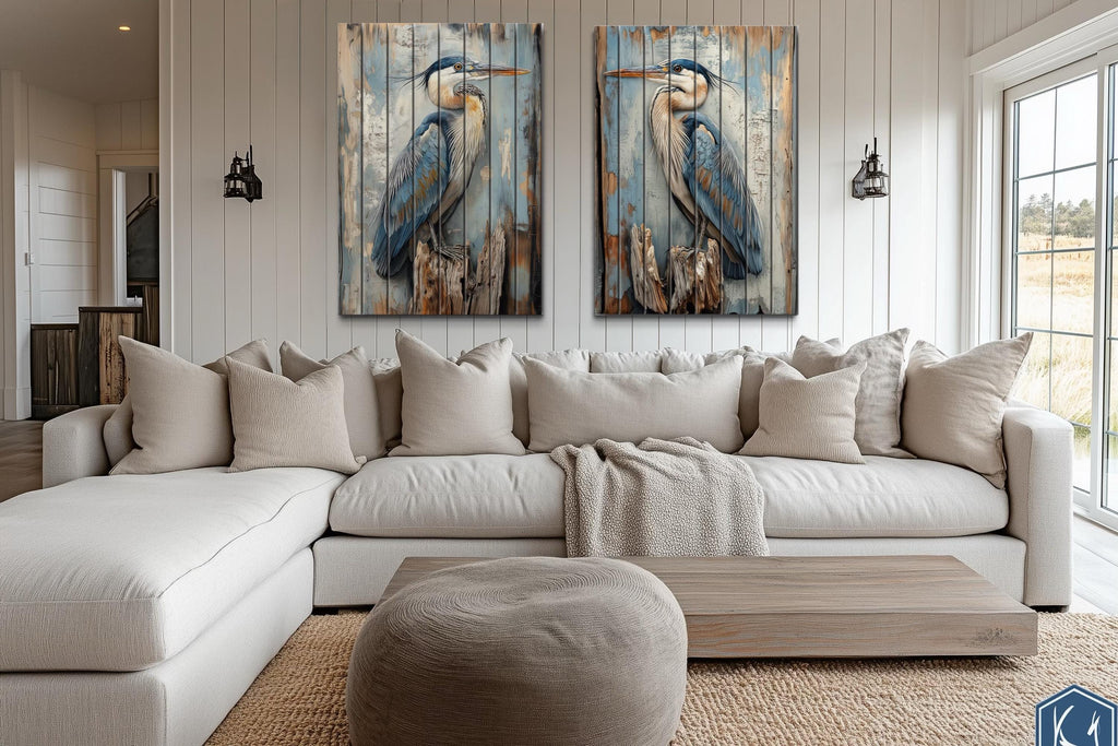 Set of 2 Blue Herons Distressed Wood Wall Art