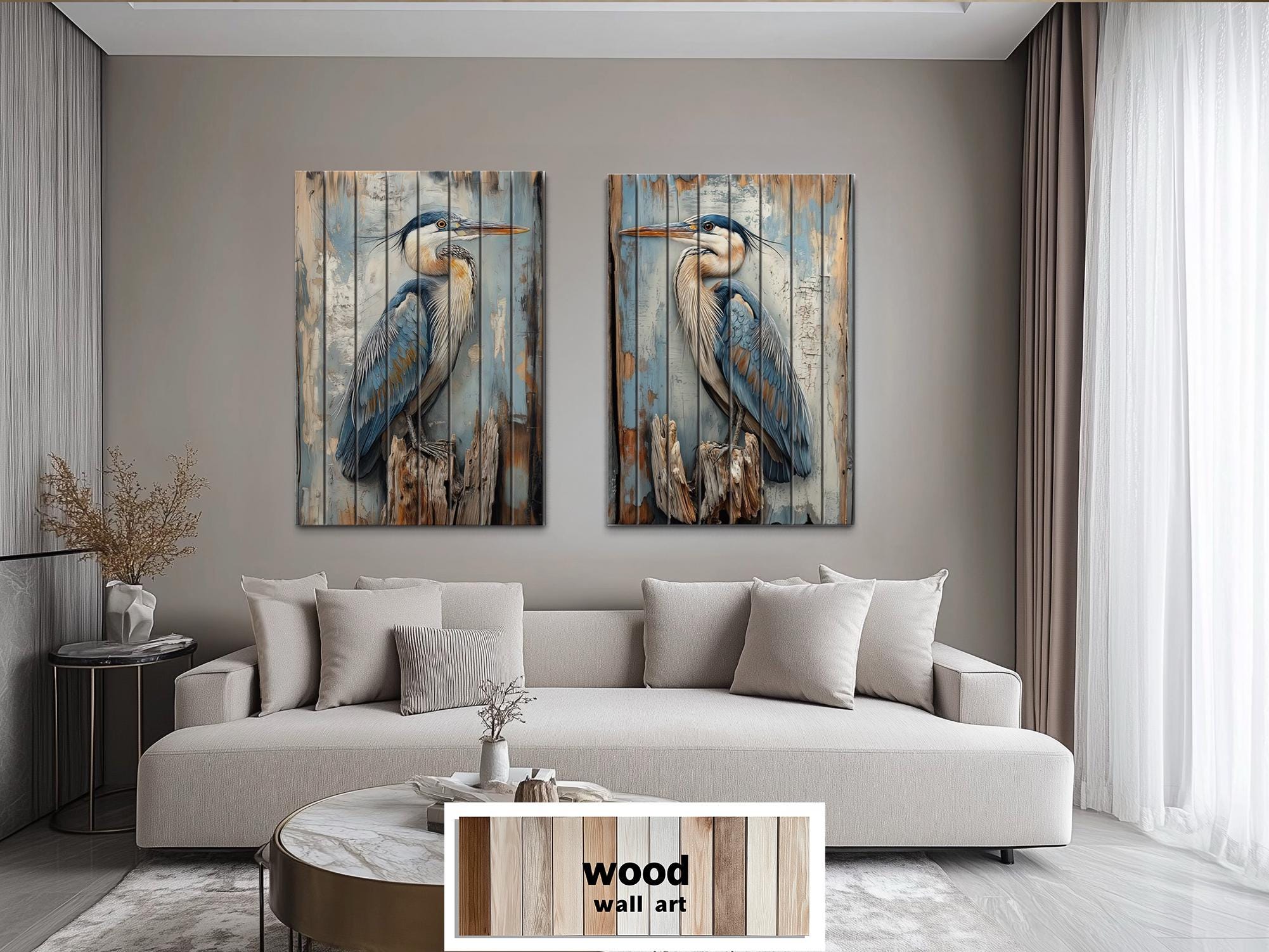 Set of 2 Blue Herons Distressed Wood Wall Art