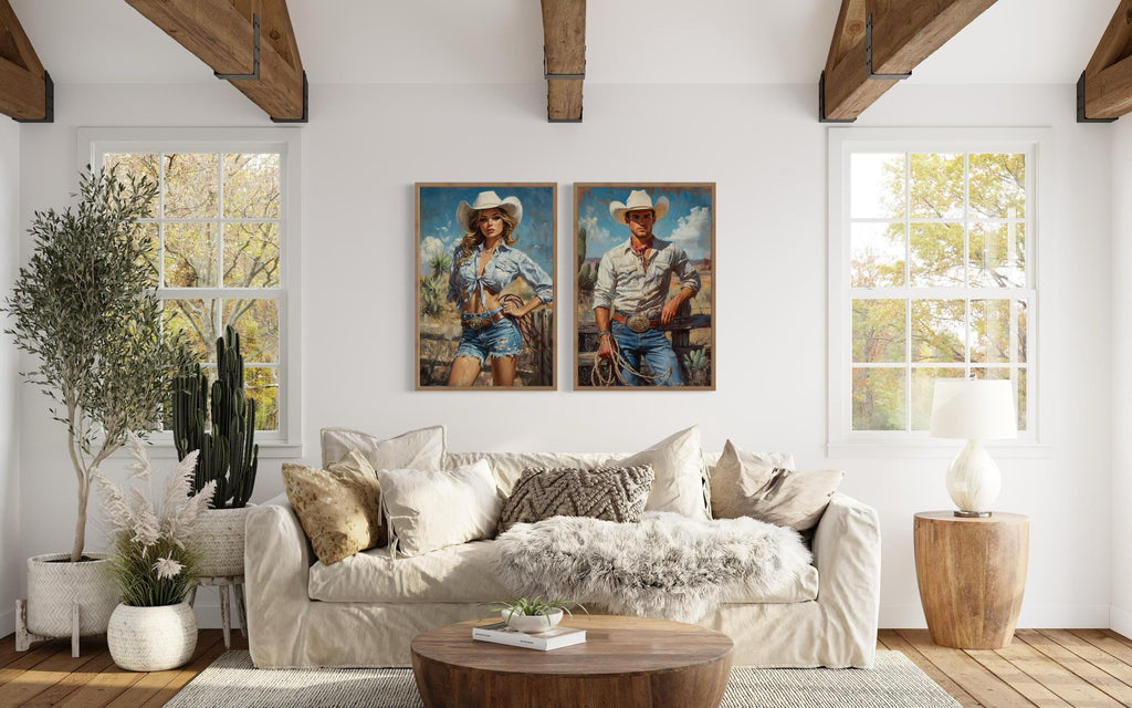 Set of 2 Cowboy And Cowgirl Retro Canvas Wall Art