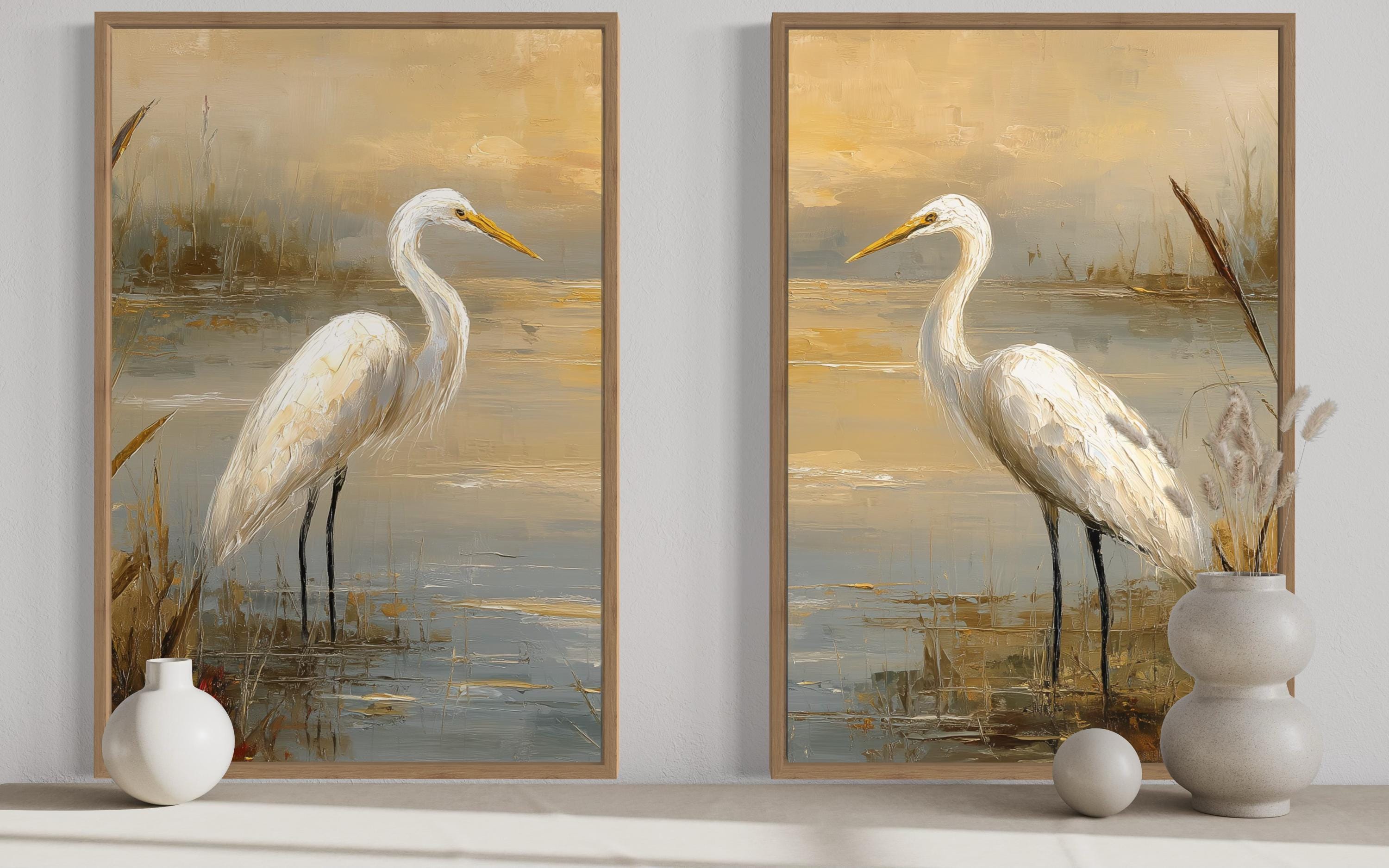 Set of 2 Egrets In The March Framed Canvas Wall Art