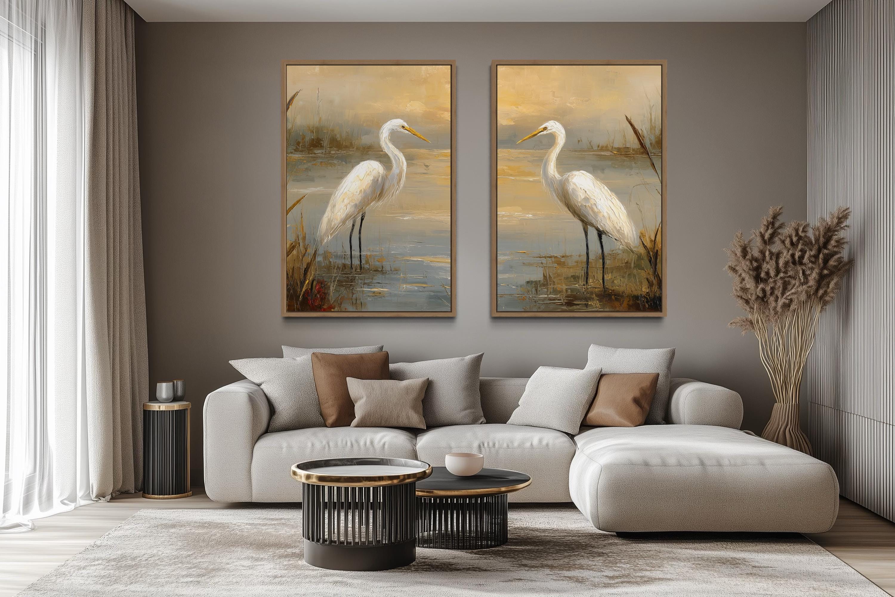 Set of 2 Egrets In The March Framed Canvas Wall Art