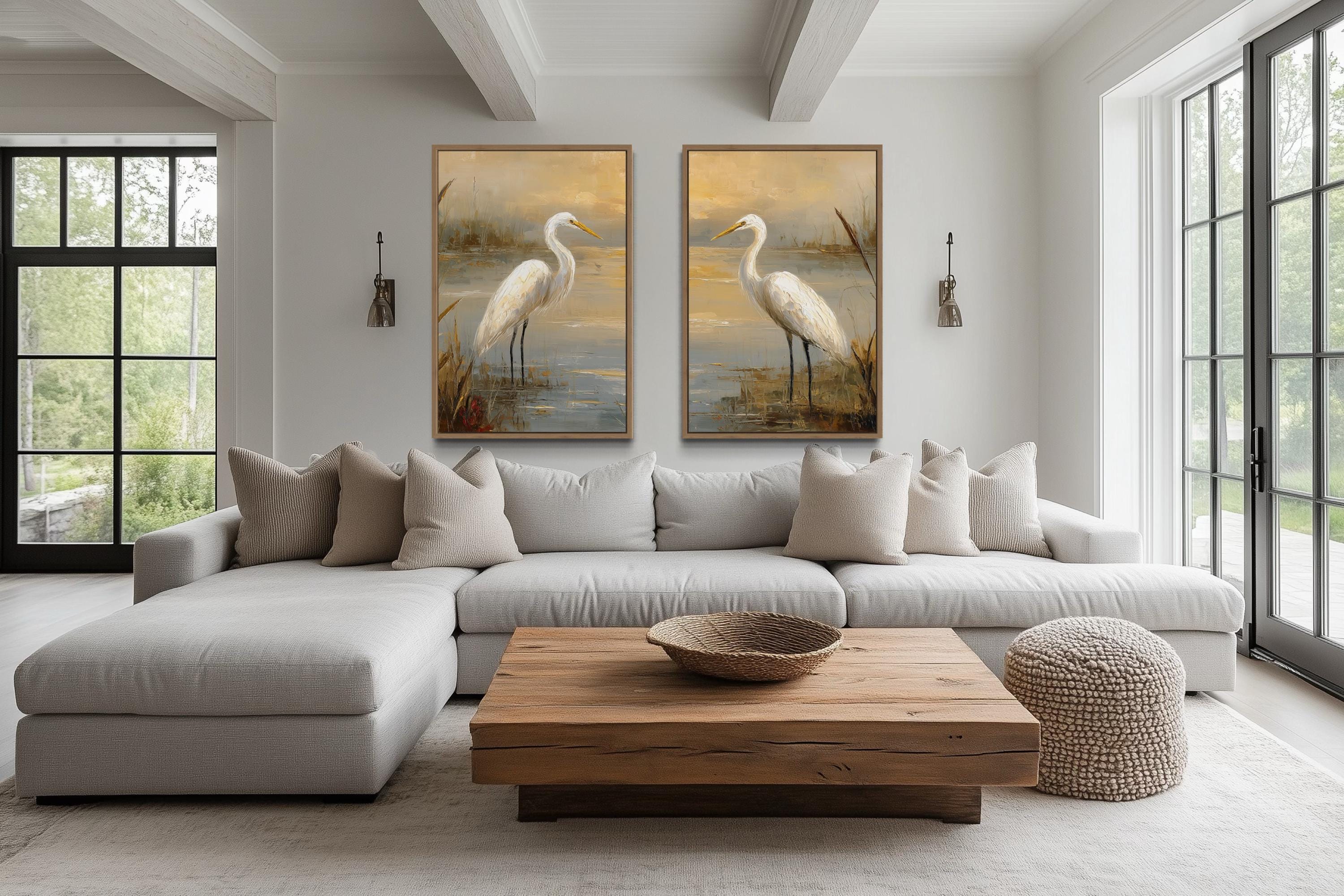 Set of 2 Egrets In The March Framed Canvas Wall Art