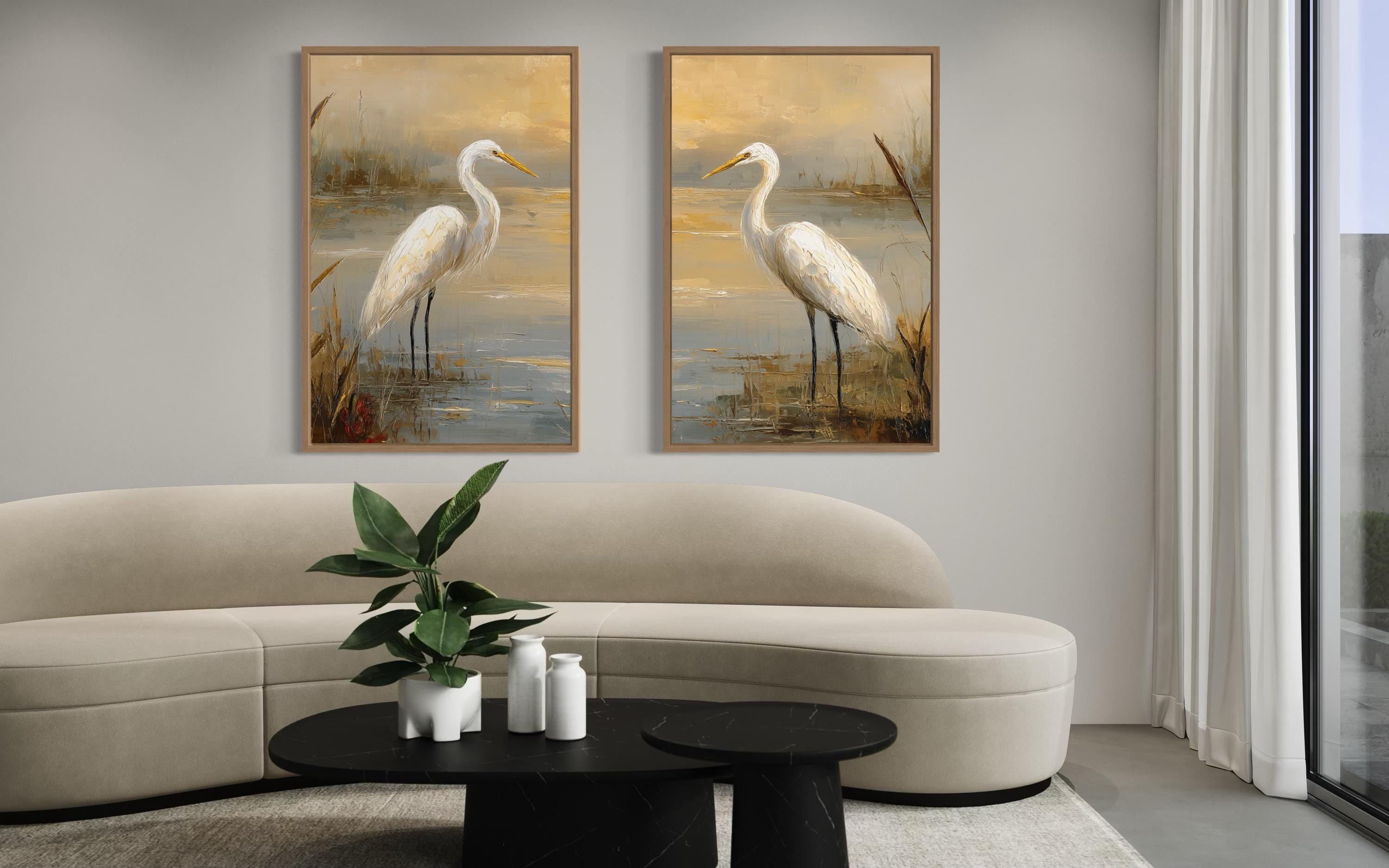 Set of 2 Egrets In The March Framed Canvas Wall Art
