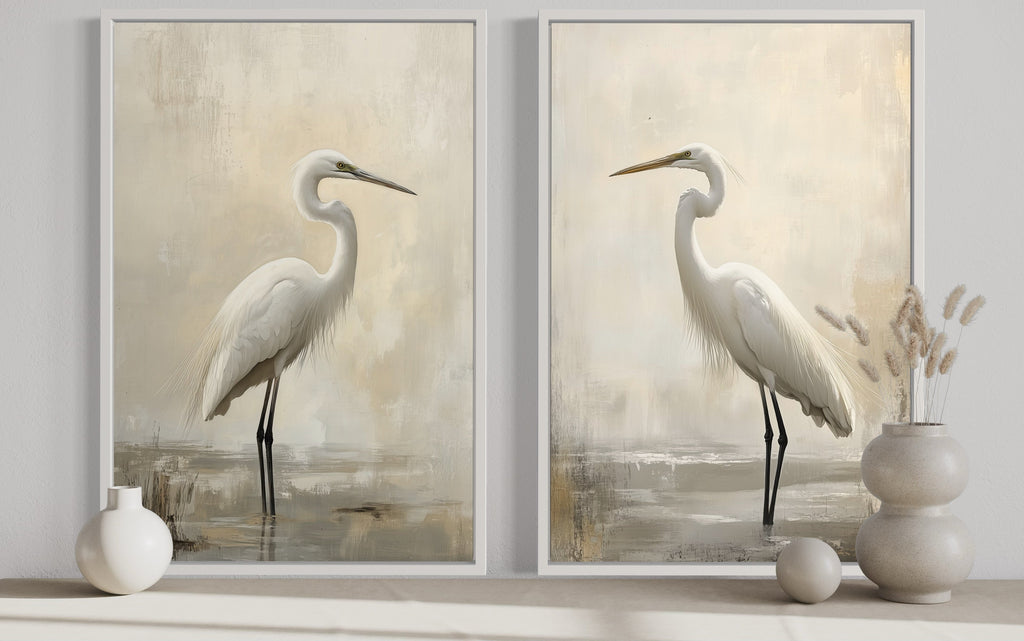 Set of 2 Great Egrets Neutral Coastal Birds Framed Canvas Wall Art