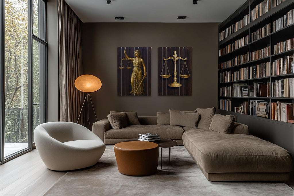 Set of 2 Law Office Wood Wall Art – Brown Gold Lady Justice & Scales Of Justice